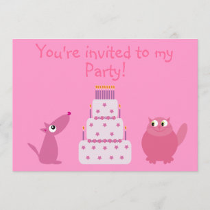 Cute Cartoon Dog, Cat & Birthday Cake Pink Party Invitation