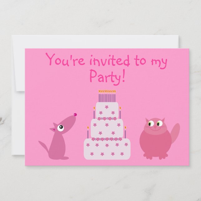 Cute Cartoon Dog, Cat & Cake Custom Pink Party Invitation (Front)