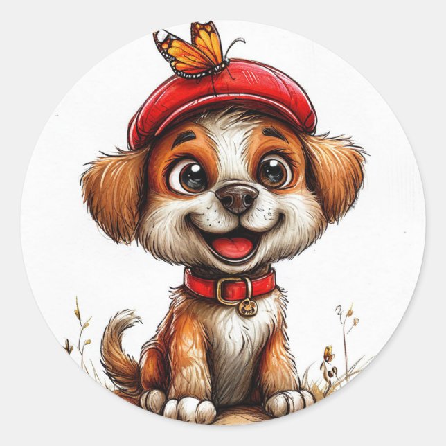 Cute cartoon dog classic round sticker (Front)