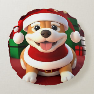 Cute Cartoon Dog in Santa Outfit Round Cushion