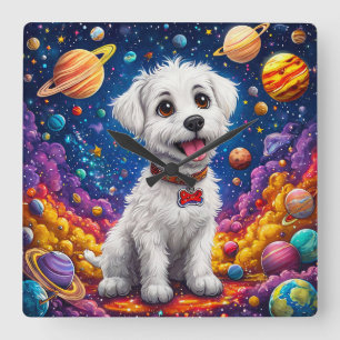 Cute cartoon dog in the space square wall clock