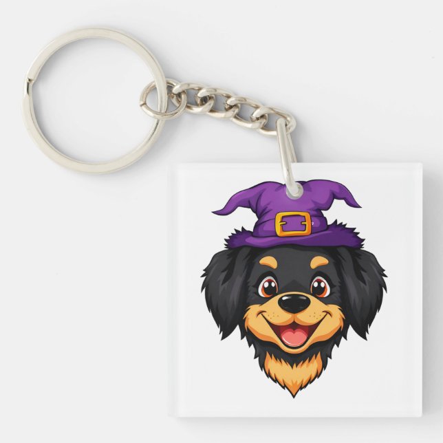 Cute Cartoon Dog Wearing a Purple Witch Hat Key Ring (Front)