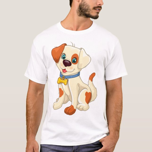 Cute Cartoon Dog with Blue Collar T-Shirt (Front)