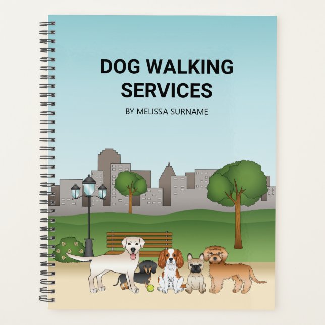 Cute Cartoon Dogs In A Park - Dog Walking Services Planner (Front)