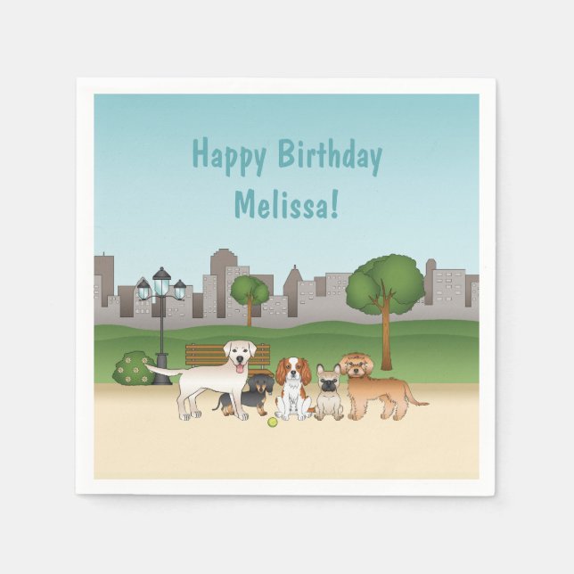 Cute Cartoon Dogs In A Park Happy Birthday Napkin (Front)