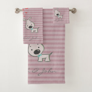 Cute Cartoon Dogs In Love,Stripes -Personalised Bath Towel Set