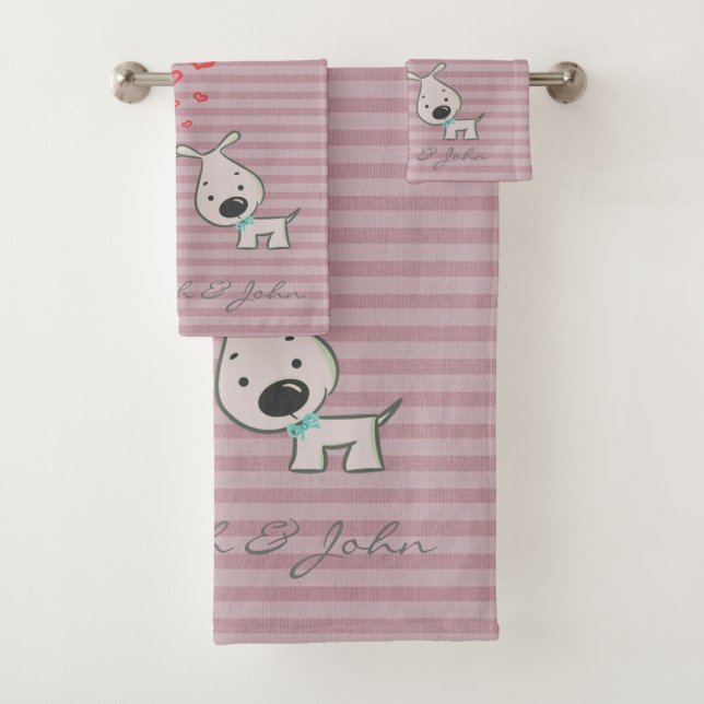 Cute Cartoon Dogs In Love,Stripes  -Personalised Bath Towel Set (Insitu)