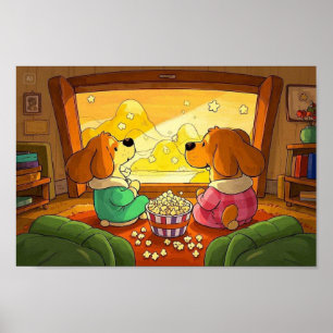 Cute cartoon dogs popcorn and movie poster
