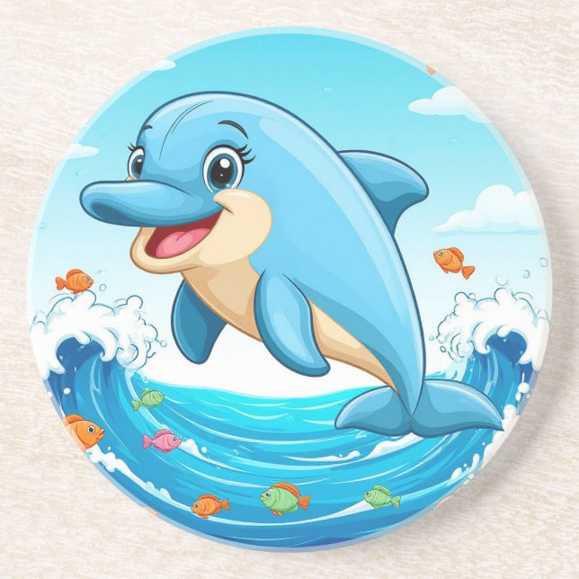 Cute Cartoon Dolphin Splashing in Water Coaster (Front)