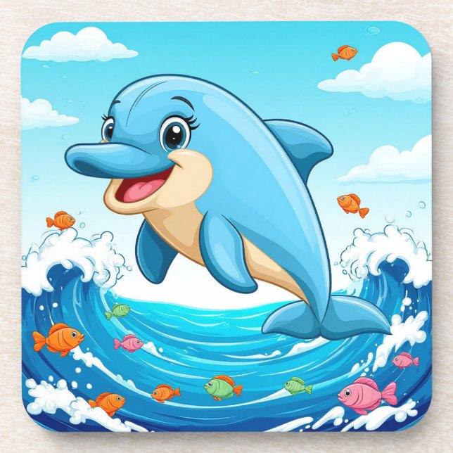 Cute Cartoon Dolphin Splashing in Water Coaster (Front)