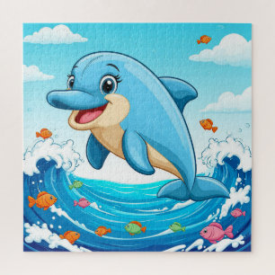 Cute Cartoon Dolphin Splashing in Water Jigsaw Puzzle