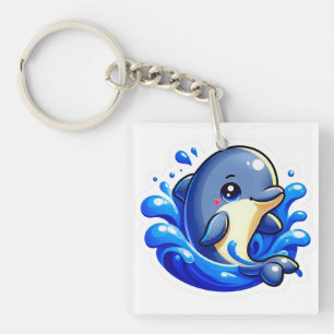 Cute Cartoon Dolphin Splashing in Water Key Ring