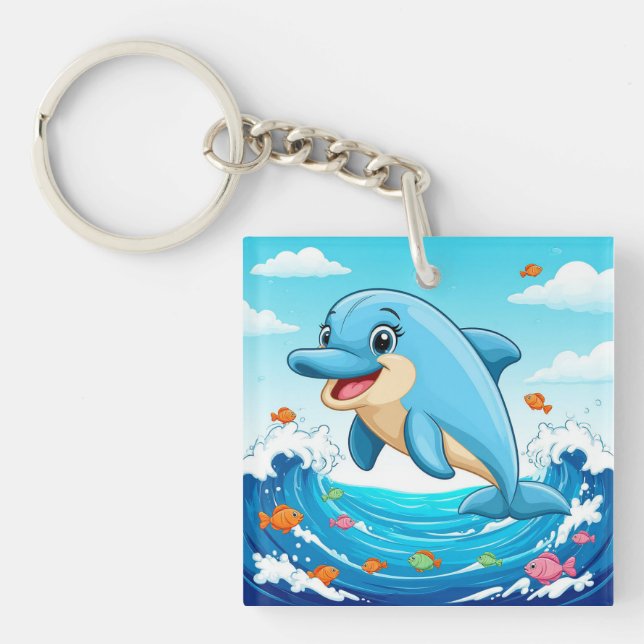 Cute Cartoon Dolphin Splashing in Water Key Ring (Front)