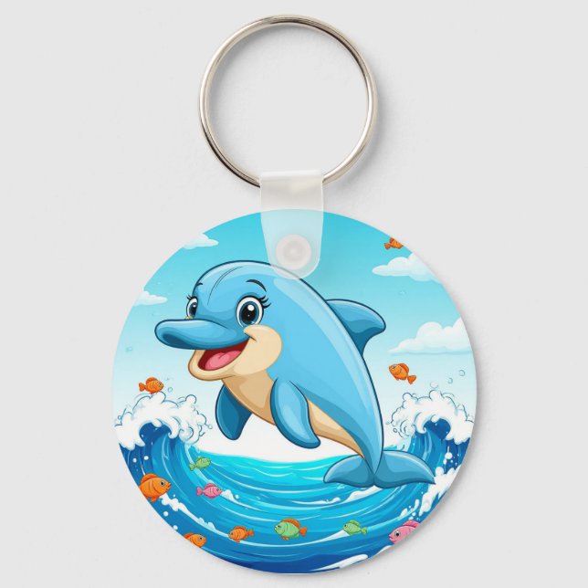 Cute Cartoon Dolphin Splashing in Water Key Ring (Front)