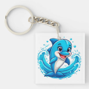 Cute Cartoon Dolphin Splashing in Water Key Ring