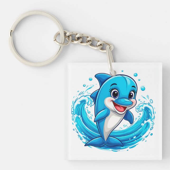 Cute Cartoon Dolphin Splashing in Water Key Ring (Front)