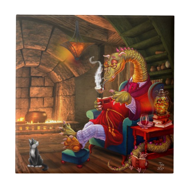 Cute Cartoon Dragon by a Fireplace Ceramic Tile (Front)