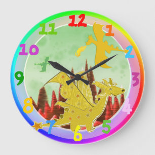 Cute Cartoon Dragon Rainbow Colours Large Clock