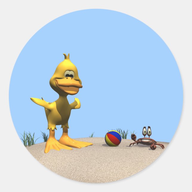 Cute Cartoon Duck and Crab on Beach Classic Round Sticker (Front)