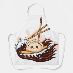 Cute Cartoon Dumpling Surfing on a Soy Sauce Wave Apron