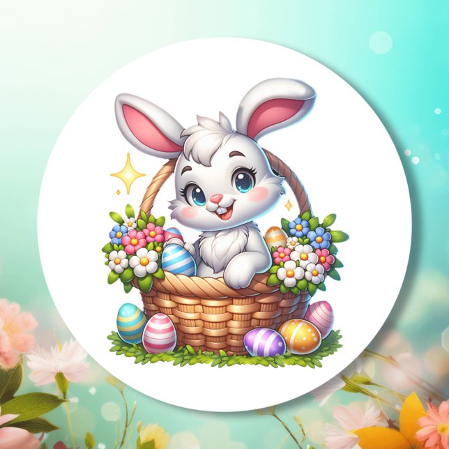 Cute Cartoon Easter Bunny in a Basket Classic Round Sticker (Creator Uploaded)