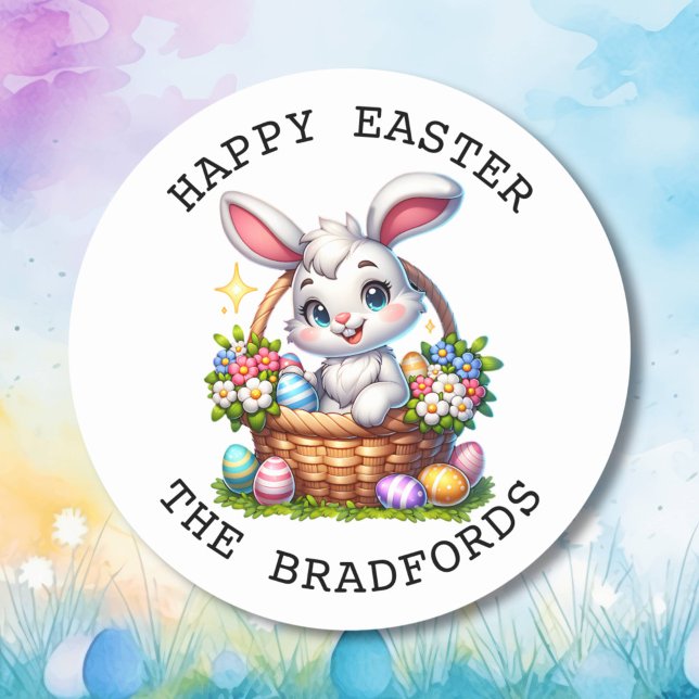 Cute Cartoon Easter Bunny in a Basket Personalised Classic Round Sticker (Creator Uploaded)