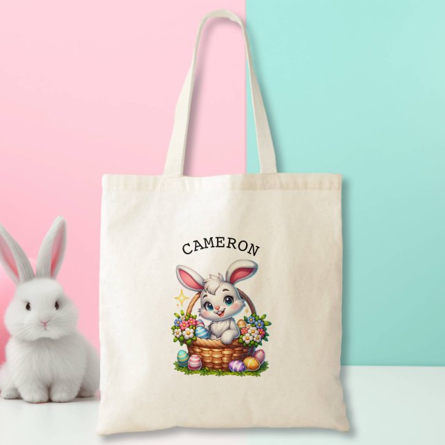 Cute Cartoon Easter Bunny in a Basket Personalised Tote Bag (Creator Uploaded)