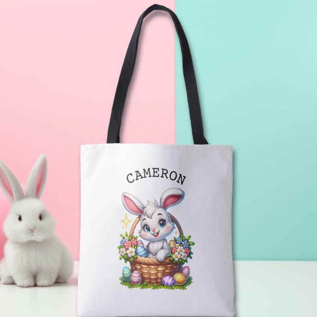 Cute Cartoon Easter Bunny in a Basket Personalised Tote Bag (Creator Uploaded)