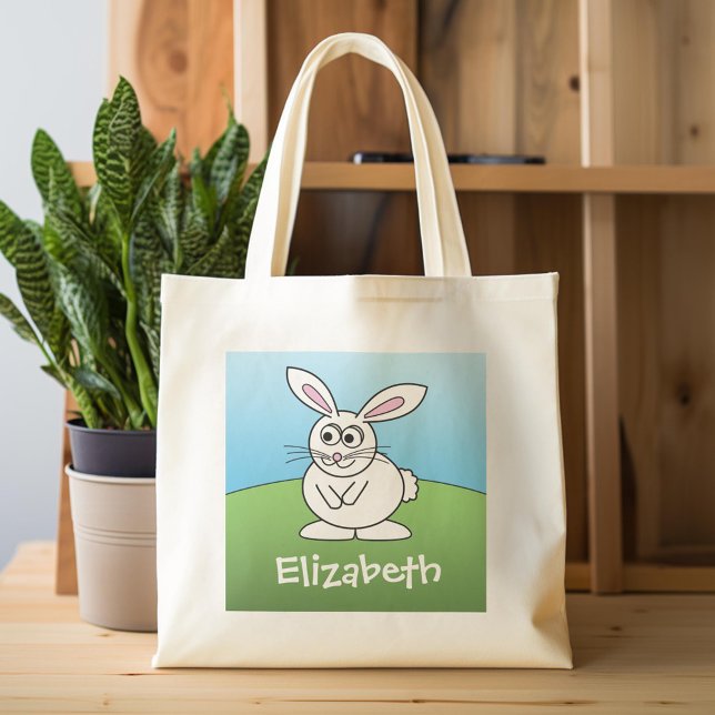 Cute Cartoon Easter Bunny with Custom Name Tote Bag (Custom Tote Bag)