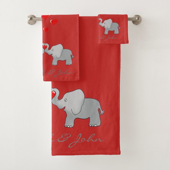 Cute Cartoon Elephans In Love -Personalised Bath Towel Set (Insitu)