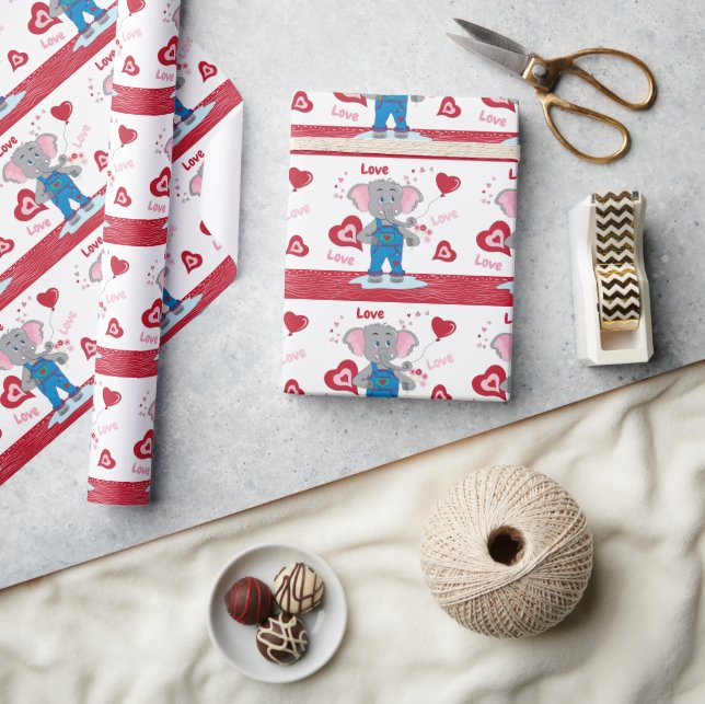 Cute Cartoon Elephant and Heart Pattern  Wrapping Paper (Crafts)