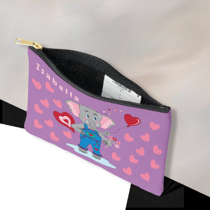 Cute Cartoon Elephant and Hearts Kid Purple Pouch