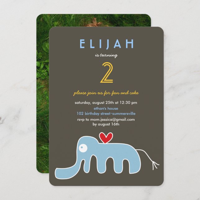 Cute Cartoon Elephant Kids Photo Birthday Party Invitation (Front/Back)