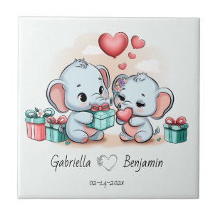 Cute Cartoon Elephant Lover Heart Valentines Day Ceramic Tile