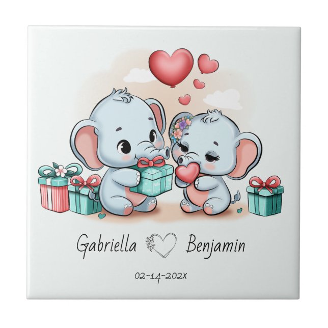 Cute Cartoon Elephant Lover Heart Valentines Day Ceramic Tile (Front)