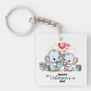 Cute Cartoon Elephant Lover Heart Valentines Day Key Ring
