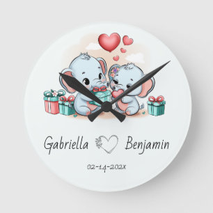 Cute Cartoon Elephant Lover Heart Valentines Day Round Clock