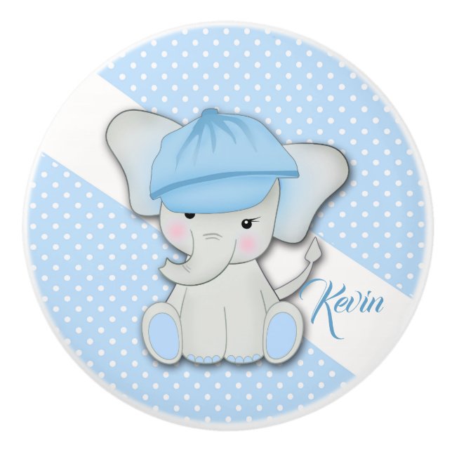 Cute cartoon elephant on a blue background ceramic knob (Front)