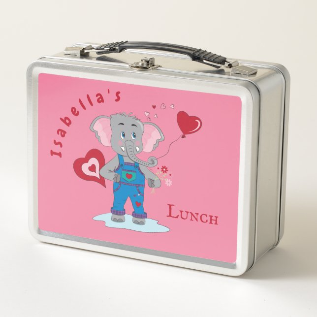 Cute Cartoon Elephant Pink and White Kid Lunchbox (Front)