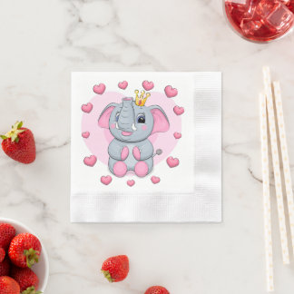 Cute cartoon elephant princess with pink hearts. napkin