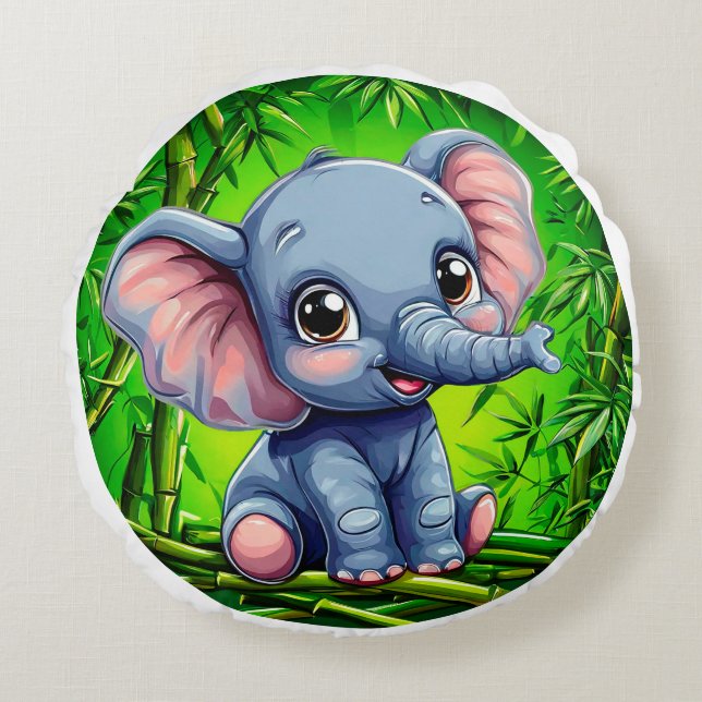 Cute cartoon elephant round cushion (Front)