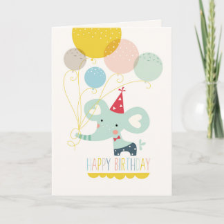 Cute Cartoon Elephant with Balloons Birthday Card