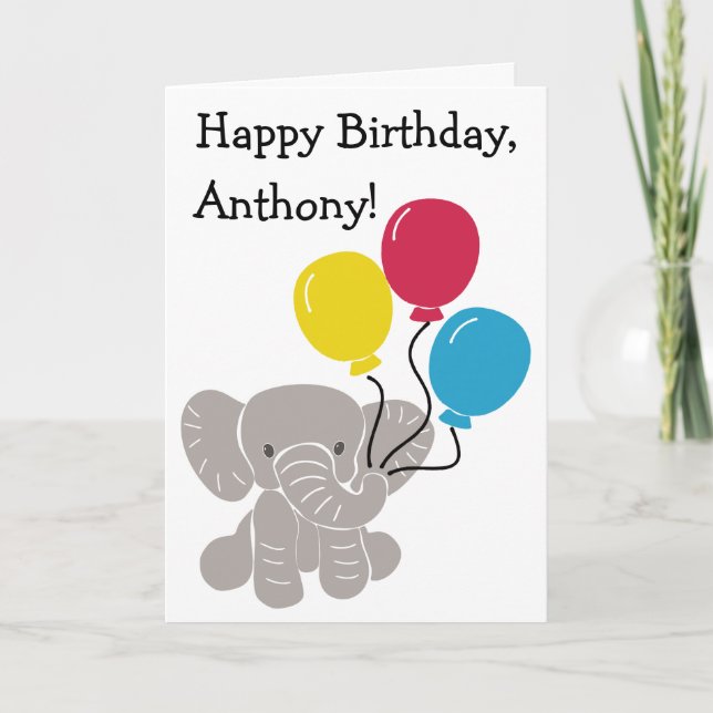 Cute Cartoon Elephant with Balloons Personalized Card (Front)