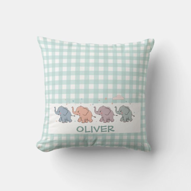 Cute Cartoon Elephants Gingham Cushion (Front)