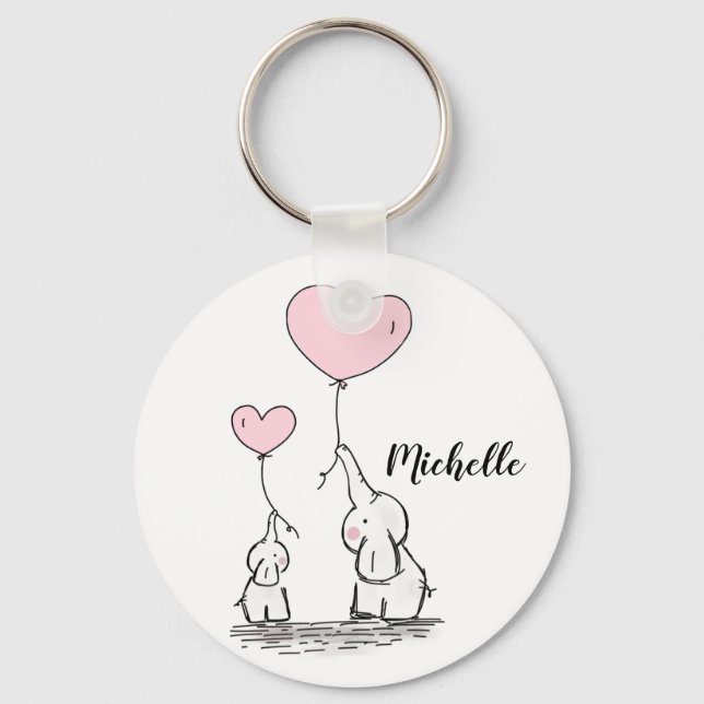 Cute cartoon elephants holding pink balloons name key ring (Front)