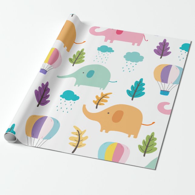 Cute cartoon elephants hot-air balloons and trees wrapping paper (Unrolled)