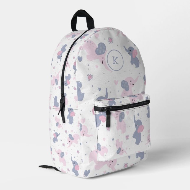 Cute cartoon elephants pattern monogram printed backpack (Back Corner Left)