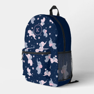 Cute Cartoon Elephants Pattern on Blue Monogram Printed Backpack