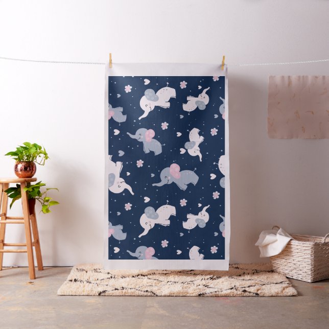 Cute cartoon elephants pattern on navy-blue fabric (In Situ)