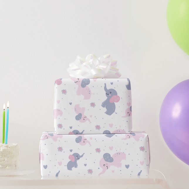 Cute cartoon elephants pattern on navy-blue wrapping paper (Party Gifts)